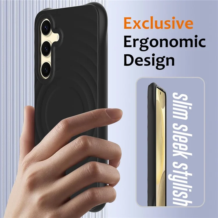 Étui pour Samsung Galaxy S25 compatible avec MagSafe, texture ondulée, silicone liquide, protection avec dragonne - Noir