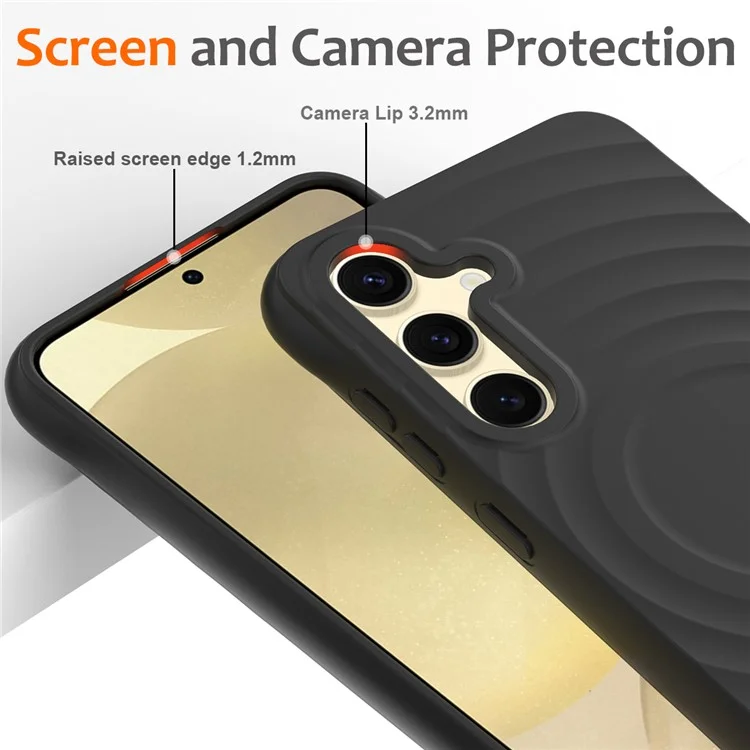 Étui pour Samsung Galaxy S25 compatible avec MagSafe, texture ondulée, silicone liquide, protection avec dragonne - Noir
