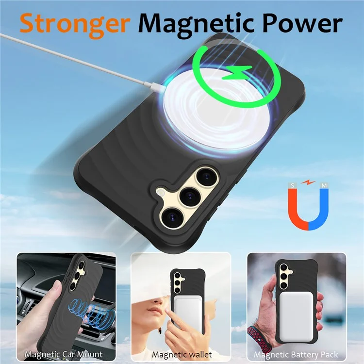 Étui pour Samsung Galaxy S25 compatible avec MagSafe, texture ondulée, silicone liquide, protection avec dragonne - Noir