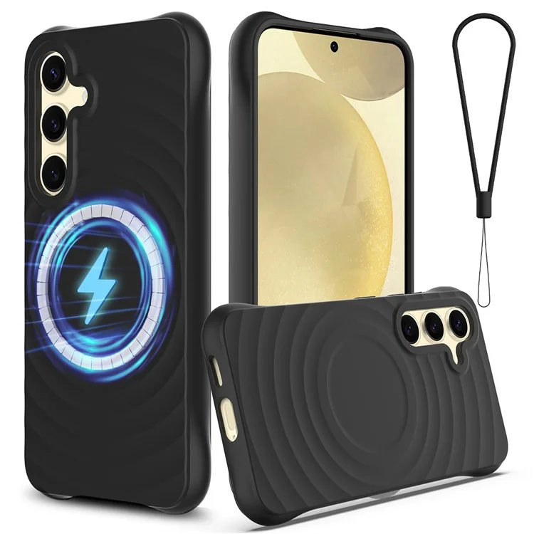 Coque compatible avec Samsung Galaxy S25+ avec MagSafe, texture ondulée en silicone liquide, protection avec dragonne - Noir