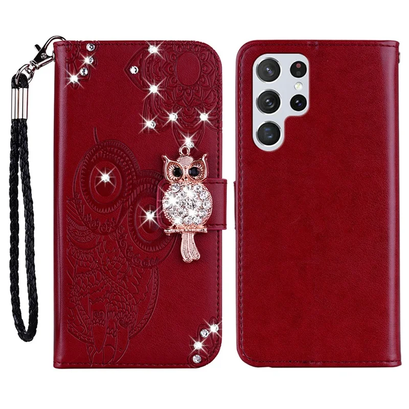 For Samsung Galaxy S25 Ultra Wallet Case Owl Flower Imprinted Rhinestone Leather Cover - Red