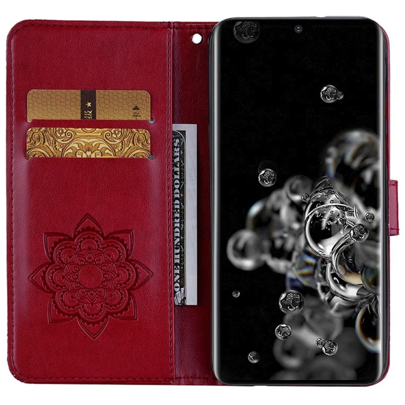 For Samsung Galaxy S25 Ultra Wallet Case Owl Flower Imprinted Rhinestone Leather Cover - Red
