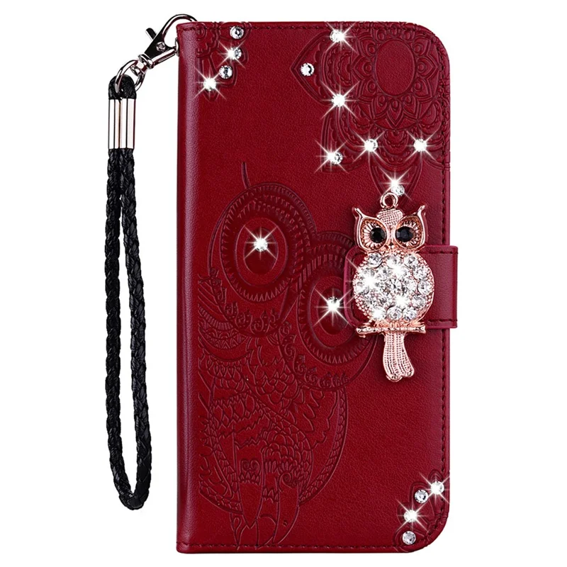 For Samsung Galaxy S25 Ultra Wallet Case Owl Flower Imprinted Rhinestone Leather Cover - Red