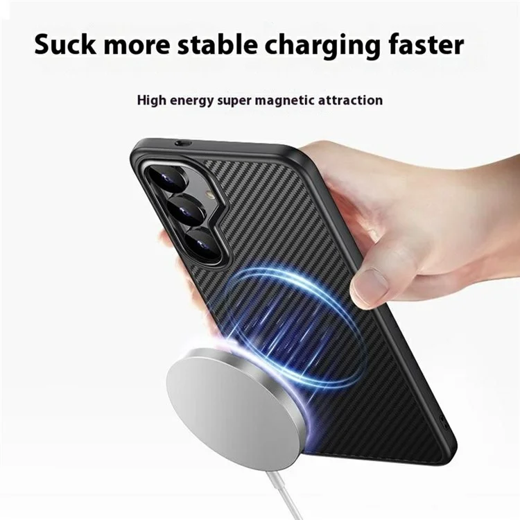 Coque magnétique compatible avec Samsung Galaxy S25 MagSafe, avec texture en fibre de carbone, en PC + TPU.