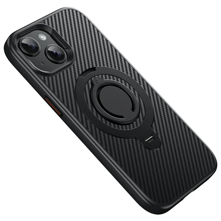 Coque pour iPhone 13 compatible avec MagSafe, support, texture en fibre de carbone, PC + TPU, couvercle arrière avec anneau en silicone - Noir