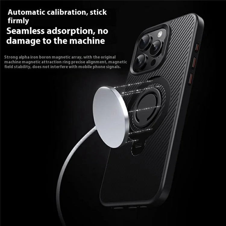 Coque pour iPhone 14 Pro compatible avec MagSafe, avec support, texture en fibre de carbone, PC + TPU, couvercle arrière avec anneau en silicone - Noir