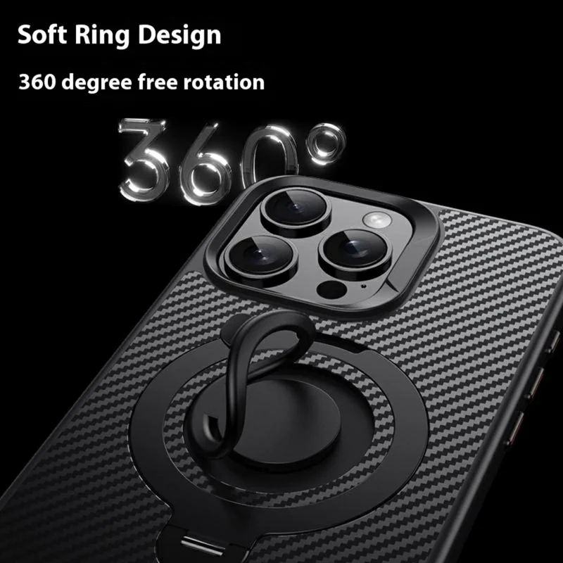 For iPhone 14 Pro Max MagSafe Case 360° Rotating Ring Holder Carbon Fiber Pattern Slim Protection - Grey