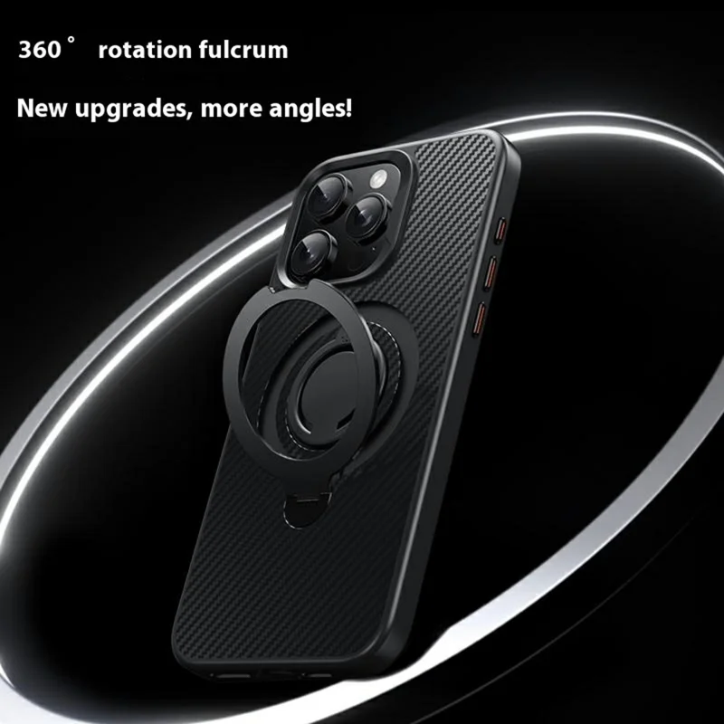 For iPhone 14 Pro Max MagSafe Case 360° Rotating Ring Holder Carbon Fiber Pattern Slim Protection - Grey