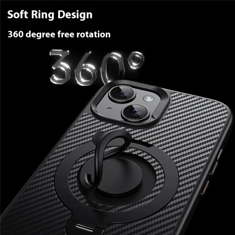 Funda para iPhone 15 compatible con MagSafe, con soporte, textura de fibra de carbono, PC + cubierta trasera de TPU con anillo de silicona - Negro