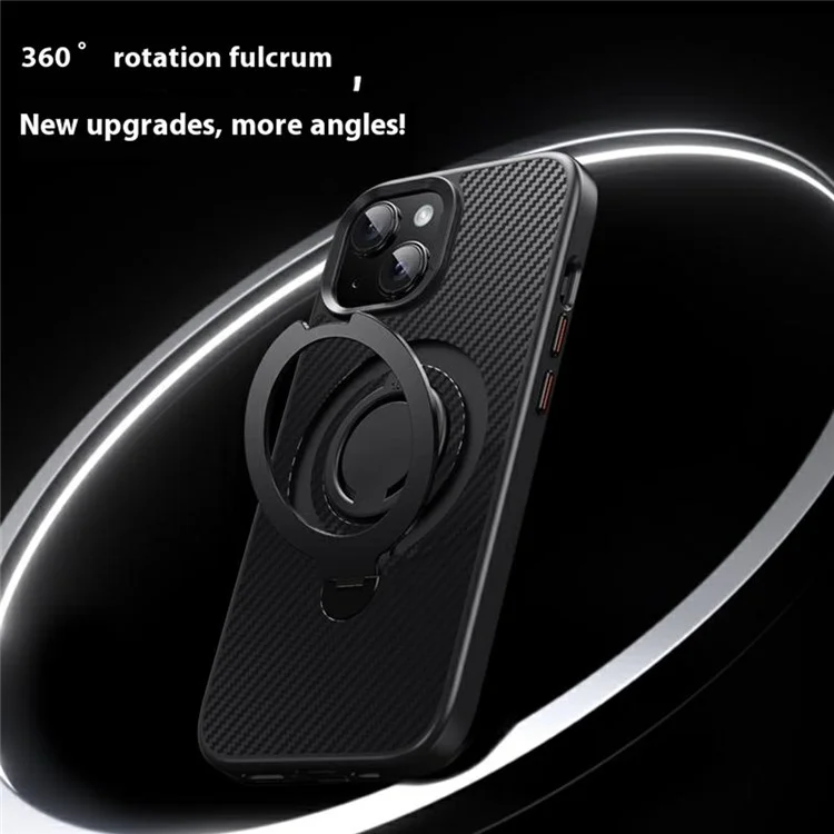 Funda para iPhone 15 compatible con MagSafe, con soporte, textura de fibra de carbono, PC + cubierta trasera de TPU con anillo de silicona - Negro