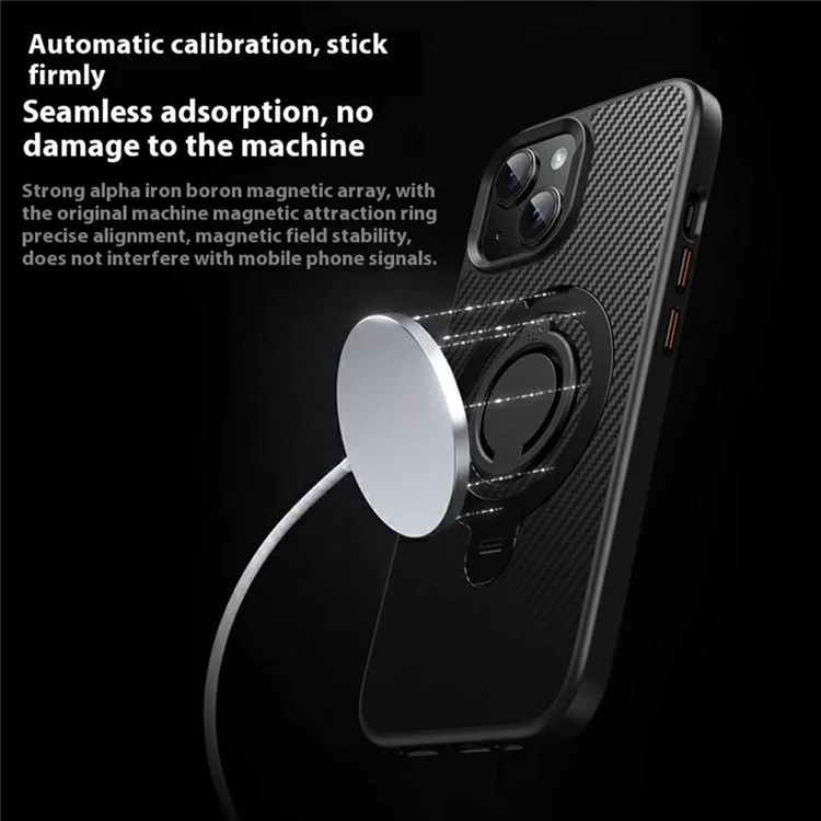 Funda para iPhone 15 compatible con MagSafe, con soporte, textura de fibra de carbono, PC + cubierta trasera de TPU con anillo de silicona - Negro