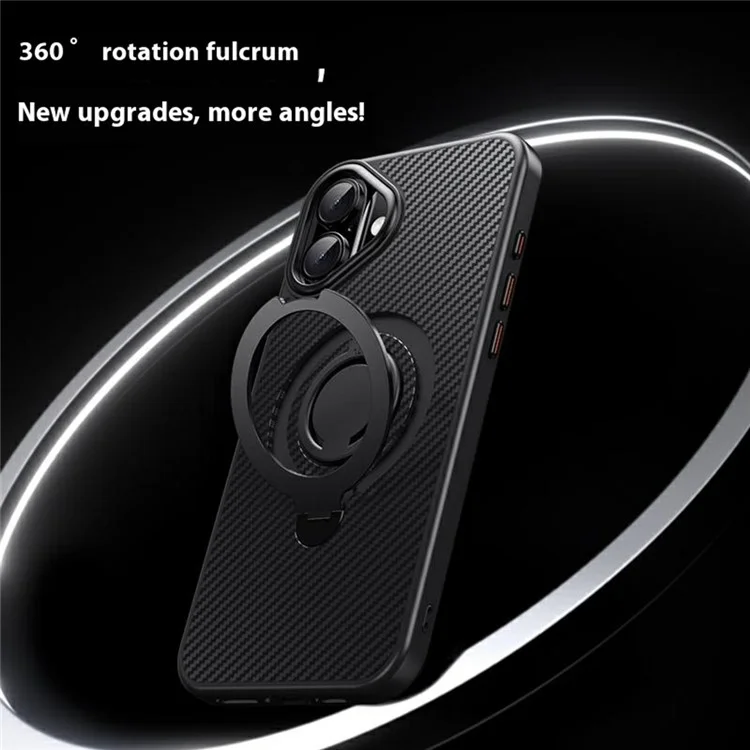 For iPhone 16 Case Compatible with MagSafe Kickstand Carbon Fiber Texture PC + TPU Back Cover with Silicone Ring - Black
