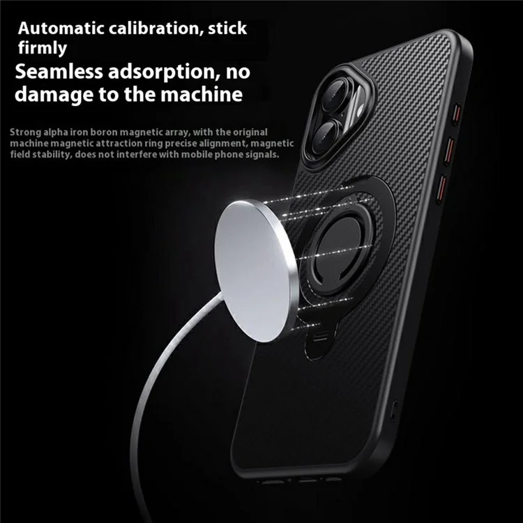 For iPhone 16 Case Compatible with MagSafe Kickstand Carbon Fiber Texture PC + TPU Back Cover with Silicone Ring - Black