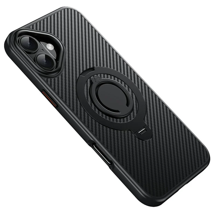 Funda para iPhone 16 Plus compatible con MagSafe, soporte, textura de fibra de carbono, PC + cubierta trasera de TPU con anillo de silicona - Negro