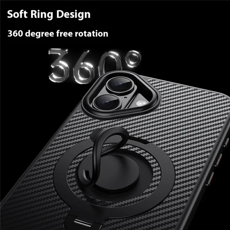 Funda para iPhone 16 Plus compatible con MagSafe, soporte, textura de fibra de carbono, PC + cubierta trasera de TPU con anillo de silicona - Negro