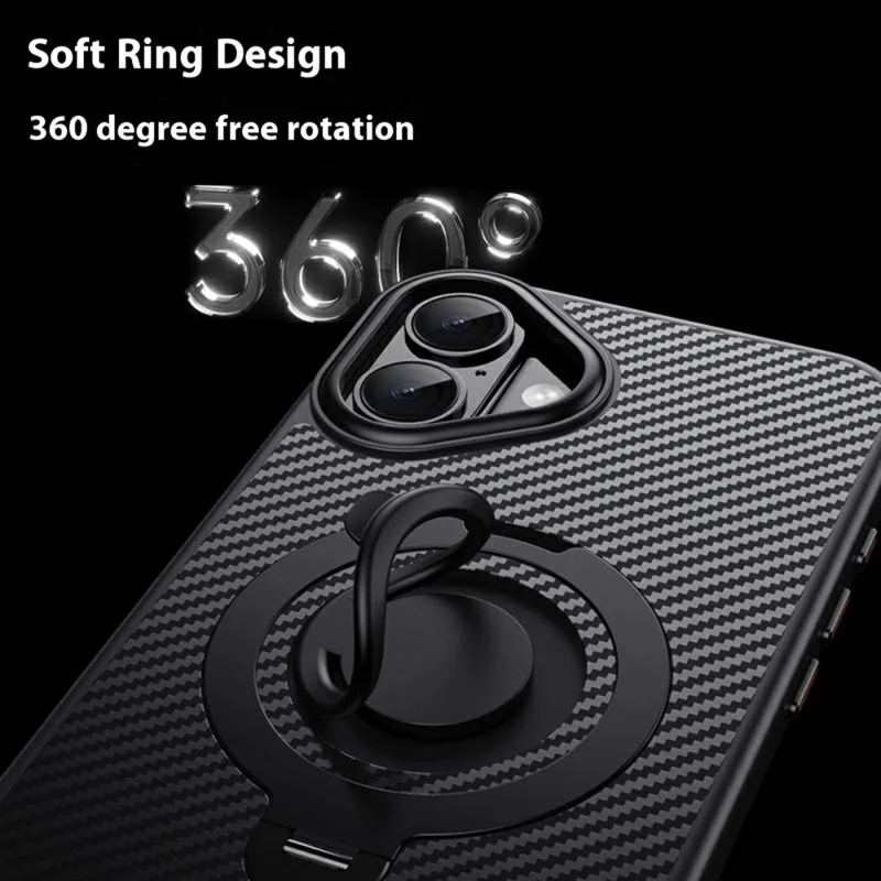 For iPhone 16 Plus Case Compatible with MagSafe Kickstand Carbon Fiber Texture PC + TPU Back Cover with Silicone Ring - Silver