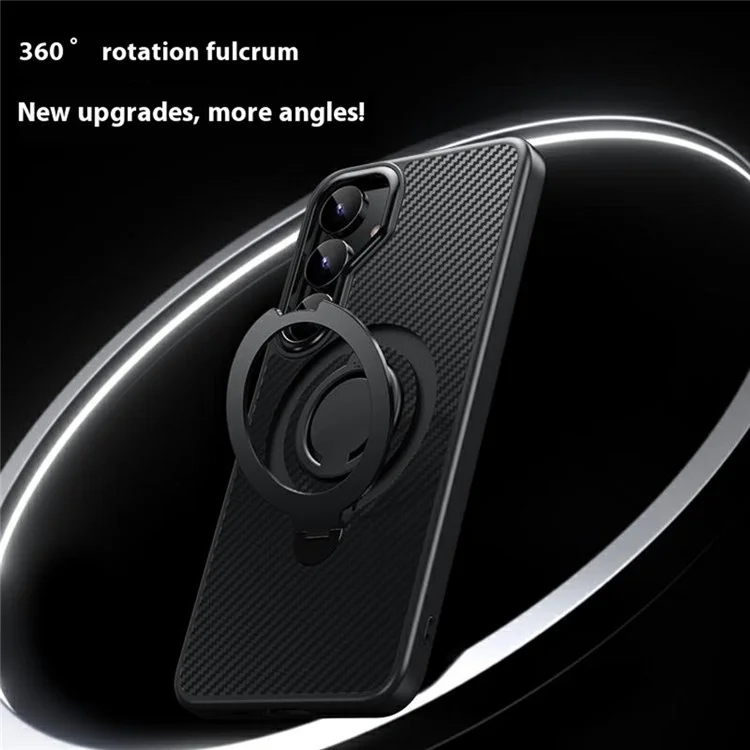 Чехол для Samsung Galaxy S25+ совместимый с MagSafe, с подставкой, текстурой из углеродного волокна, задней крышкой из ПК + ТПУ с силиконовым кольцом - черный