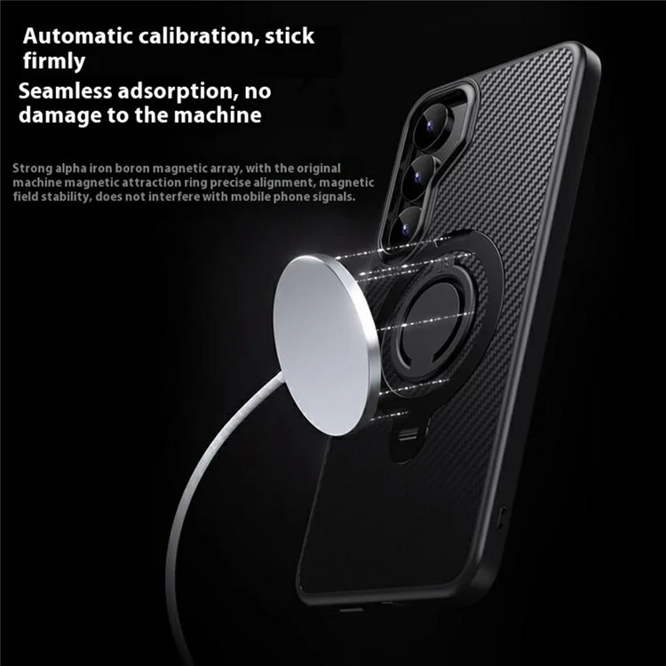 Чехол для Samsung Galaxy S25+ совместимый с MagSafe, с подставкой, текстурой из углеродного волокна, задней крышкой из ПК + ТПУ с силиконовым кольцом - черный