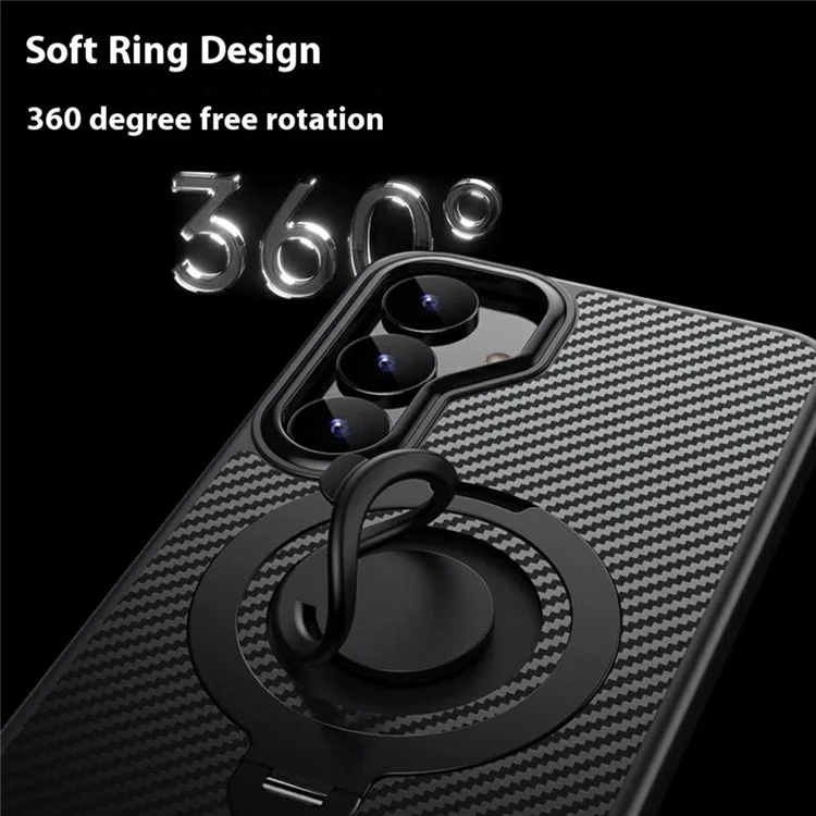 For Samsung Galaxy S25 Case Compatible with MagSafe Kickstand Carbon Fiber Texture PC + TPU Back Cover with Silicone Ring - Black