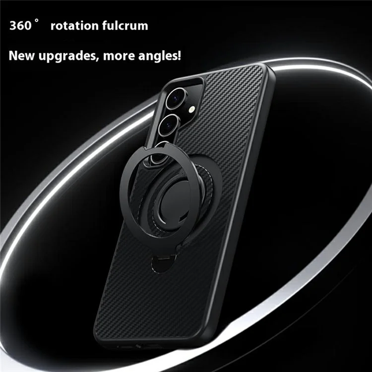 Чехол для Samsung Galaxy S24+ совместимый с MagSafe, с подставкой, текстурой из углеродного волокна, корпусом из PC + TPU и силиконовым кольцом - Черный