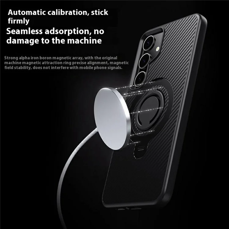 Чехол для Samsung Galaxy S24+ совместимый с MagSafe, с подставкой, текстурой из углеродного волокна, корпусом из PC + TPU и силиконовым кольцом - Черный