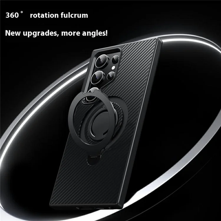 Чехол для Samsung Galaxy S24 Ultra совместимый с MagSafe, с подставкой, текстурой из углеродного волокна, PC + TPU задней крышкой и силиконовым кольцом - черный
