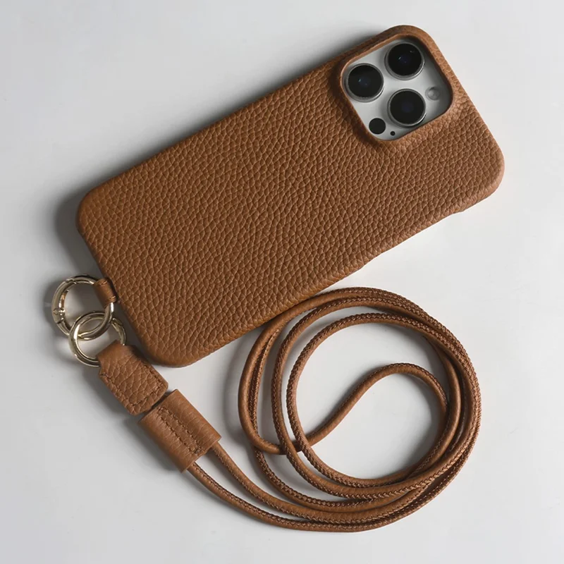 For iPhone 13 Pro Max Case With Lanyard Genuine Cow Leather PC Phone Back Cover - Brown