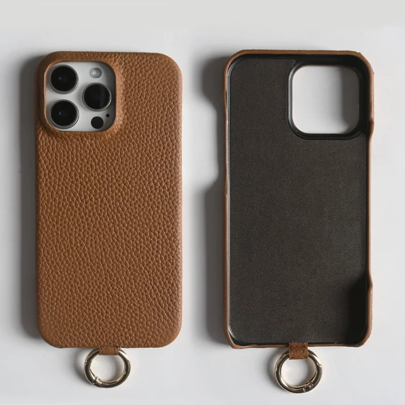 For iPhone 13 Pro Max Case With Lanyard Genuine Cow Leather PC Phone Back Cover - Brown