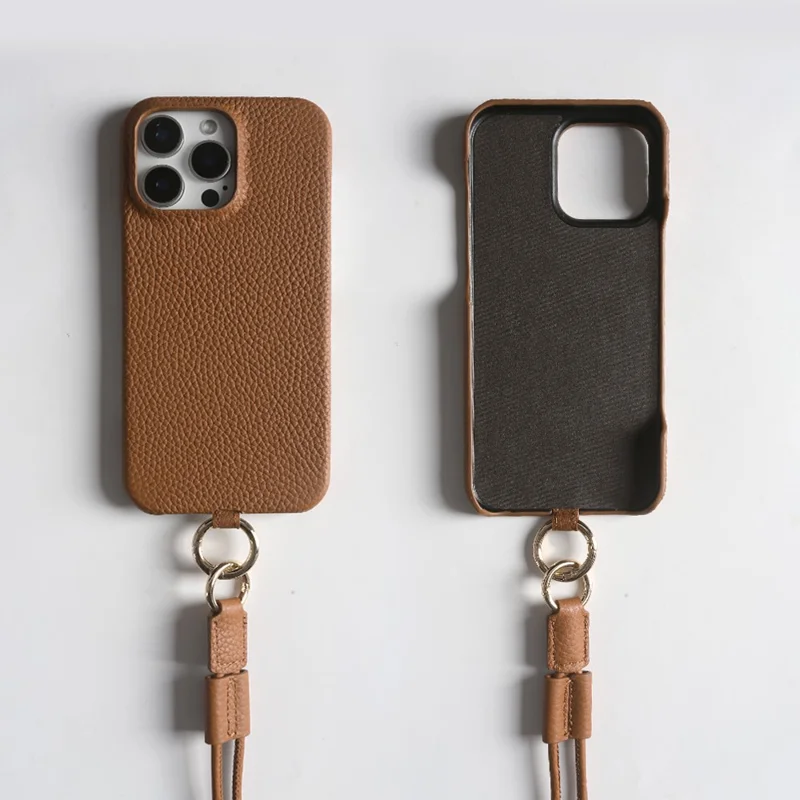 For iPhone 13 Pro Max Case With Lanyard Genuine Cow Leather PC Phone Back Cover - Brown