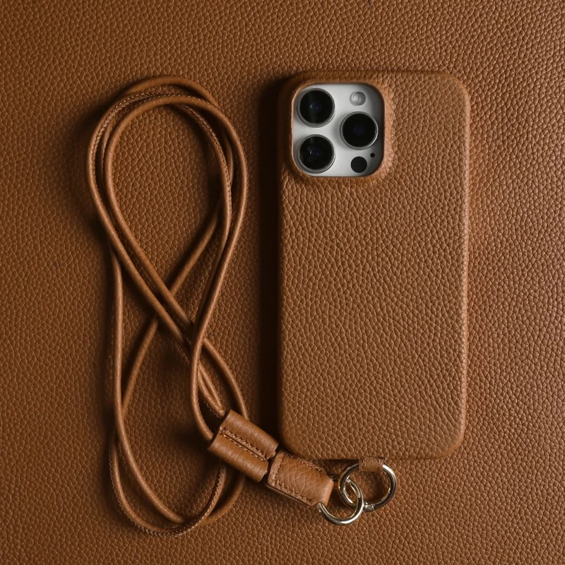 For iPhone 13 Pro Max Case With Lanyard Genuine Cow Leather PC Phone Back Cover - Brown