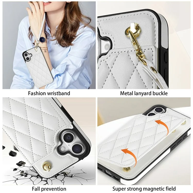 Étui pour iPhone 16 avec dragonne, fentes pour cartes, cuir en forme de losange + coque de téléphone en TPU - Blanc