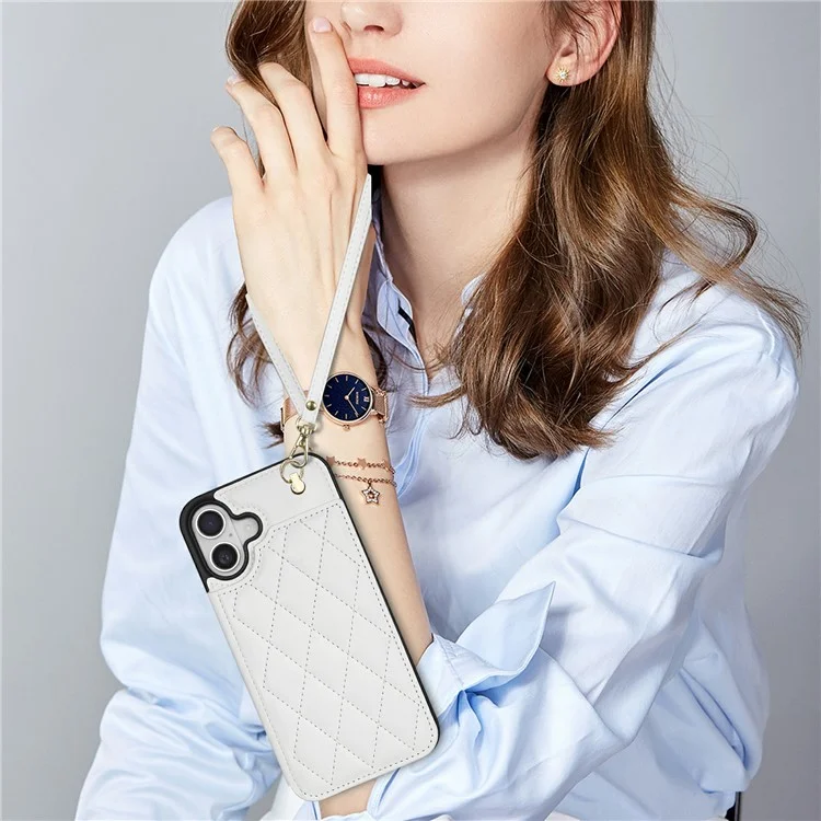 Étui pour iPhone 16 avec dragonne, fentes pour cartes, cuir en forme de losange + coque de téléphone en TPU - Blanc