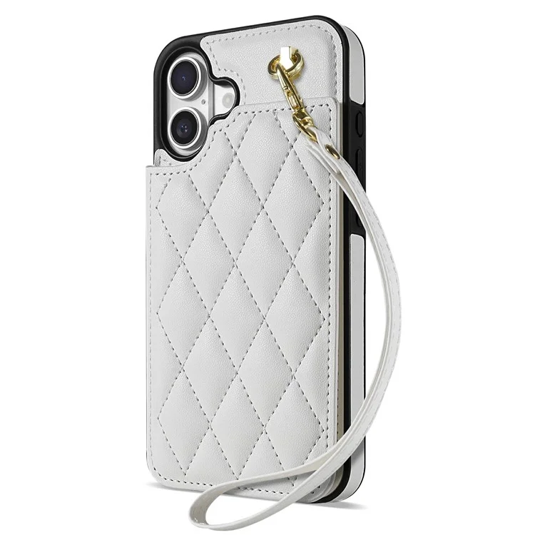 Étui pour iPhone 16 avec dragonne, fentes pour cartes, cuir en forme de losange + coque de téléphone en TPU - Blanc