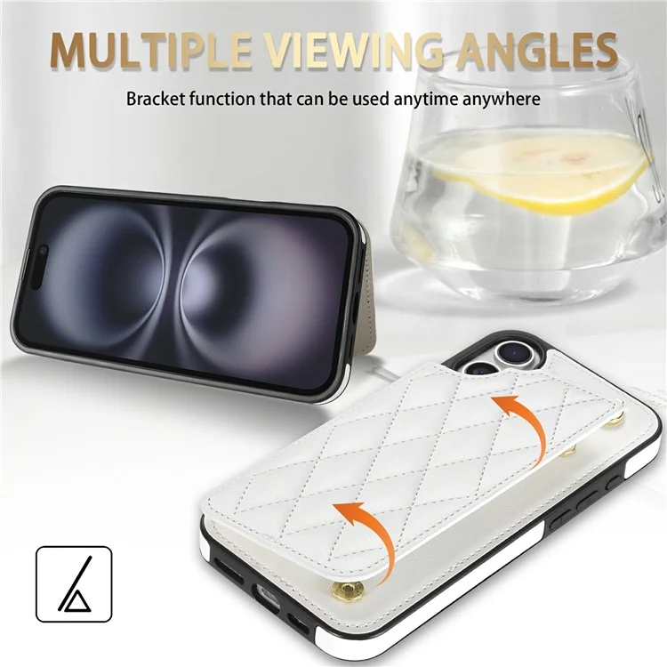Étui pour iPhone 16 avec dragonne, fentes pour cartes, cuir en forme de losange + coque de téléphone en TPU - Blanc