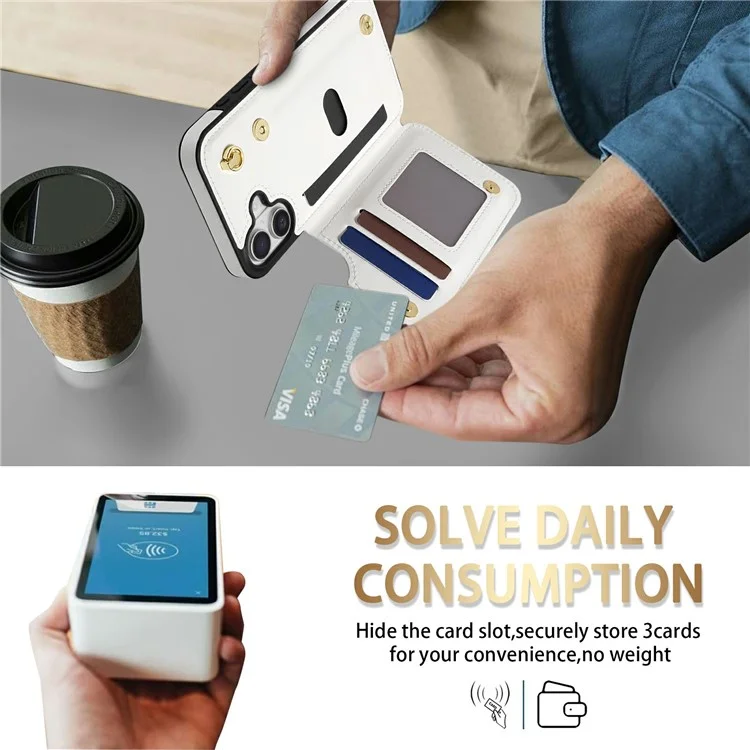 Étui pour iPhone 16 avec dragonne, fentes pour cartes, cuir en forme de losange + coque de téléphone en TPU - Blanc