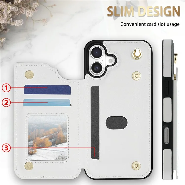 Étui pour iPhone 16 avec dragonne, fentes pour cartes, cuir en forme de losange + coque de téléphone en TPU - Blanc