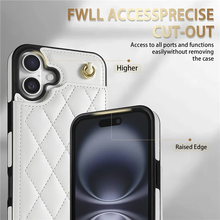 Étui pour iPhone 16 avec dragonne, fentes pour cartes, cuir en forme de losange + coque de téléphone en TPU - Blanc