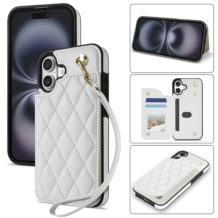 Custodia per iPhone 16 Plus con cinturino da polso, slot per schede, pelle a rombi + cover per telefono in TPU - Bianco