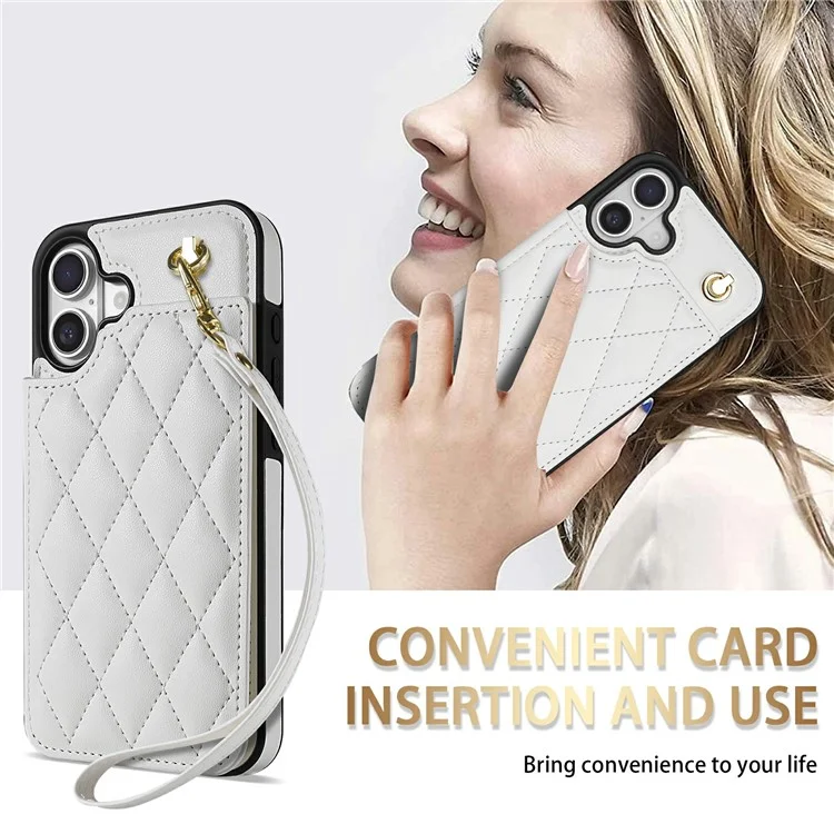 Custodia per iPhone 16 Plus con cinturino da polso, slot per schede, pelle a rombi + cover per telefono in TPU - Bianco