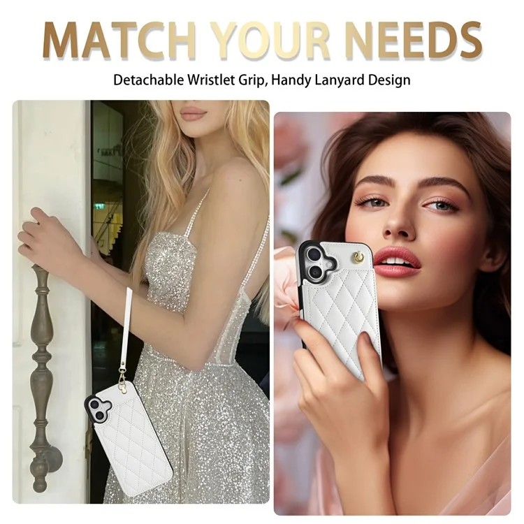 Custodia per iPhone 16 Plus con cinturino da polso, slot per schede, pelle a rombi + cover per telefono in TPU - Bianco