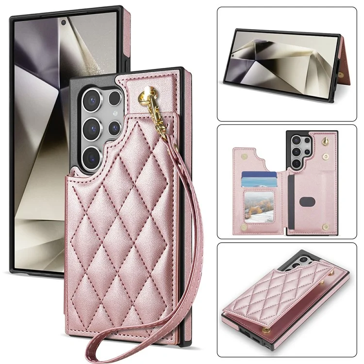 Étui pour Samsung Galaxy S25 Ultra avec dragonne, fentes pour cartes, cuir en forme de losange + housse de téléphone en TPU - Or rose
