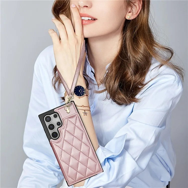 Étui pour Samsung Galaxy S25 Ultra avec dragonne, fentes pour cartes, cuir en forme de losange + housse de téléphone en TPU - Or rose
