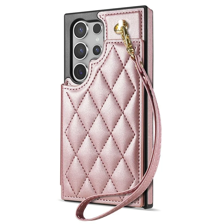 Étui pour Samsung Galaxy S25 Ultra avec dragonne, fentes pour cartes, cuir en forme de losange + housse de téléphone en TPU - Or rose