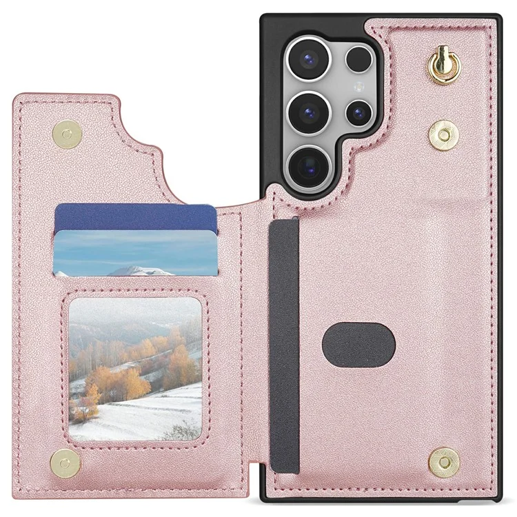 Étui pour Samsung Galaxy S25 Ultra avec dragonne, fentes pour cartes, cuir en forme de losange + housse de téléphone en TPU - Or rose