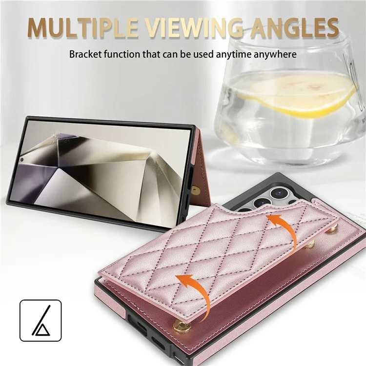 Étui pour Samsung Galaxy S25 Ultra avec dragonne, fentes pour cartes, cuir en forme de losange + housse de téléphone en TPU - Or rose