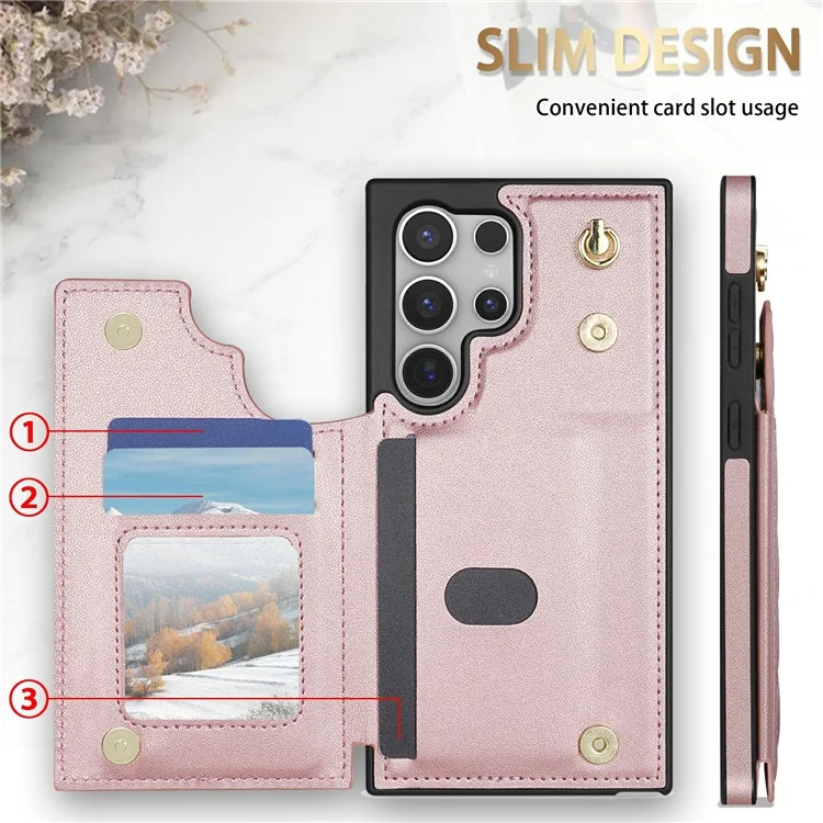 Étui pour Samsung Galaxy S25 Ultra avec dragonne, fentes pour cartes, cuir en forme de losange + housse de téléphone en TPU - Or rose