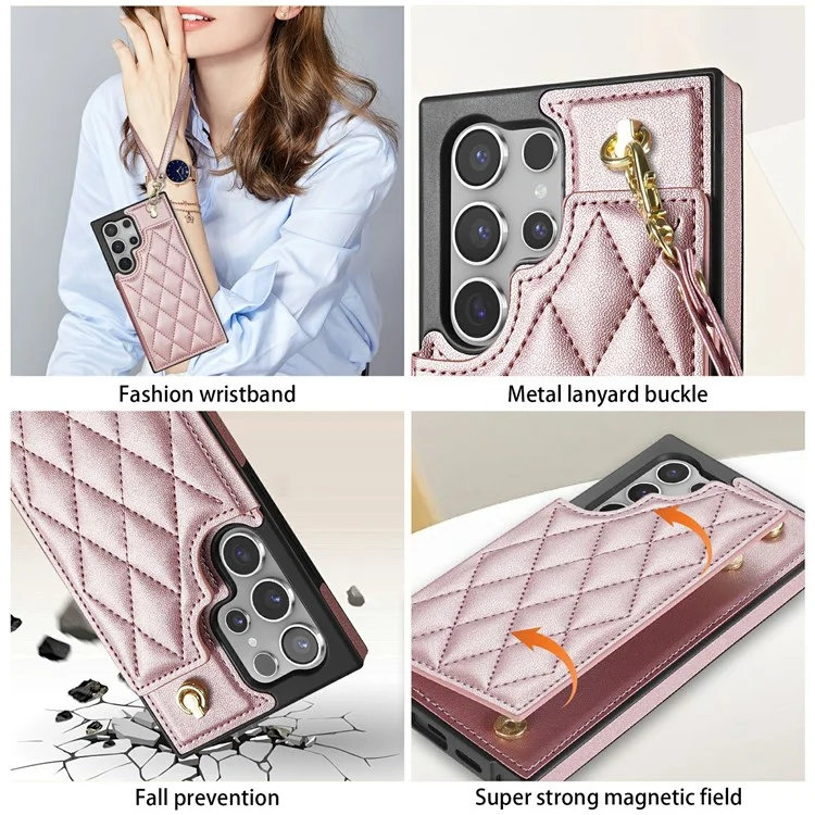 Étui pour Samsung Galaxy S25 Ultra avec dragonne, fentes pour cartes, cuir en forme de losange + housse de téléphone en TPU - Or rose