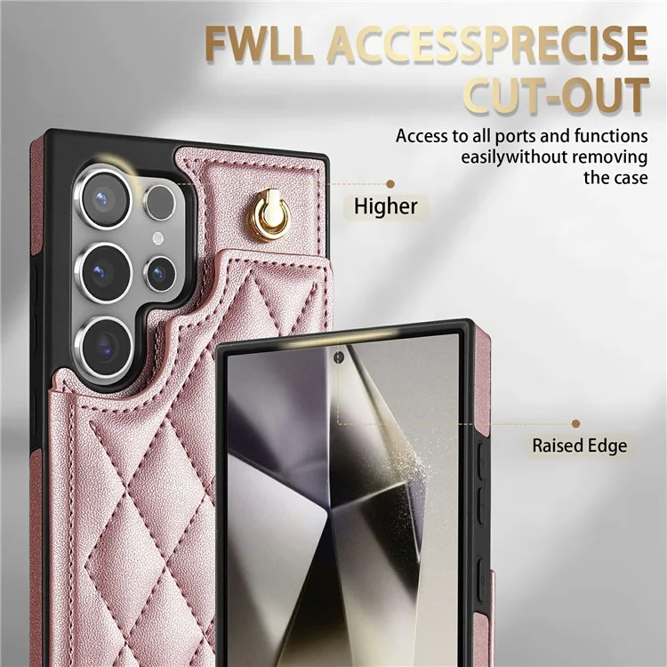 Étui pour Samsung Galaxy S25 Ultra avec dragonne, fentes pour cartes, cuir en forme de losange + housse de téléphone en TPU - Or rose