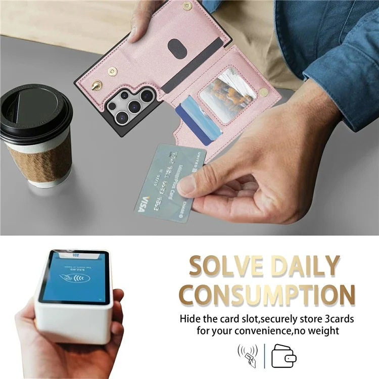 Étui pour Samsung Galaxy S25 Ultra avec dragonne, fentes pour cartes, cuir en forme de losange + housse de téléphone en TPU - Or rose