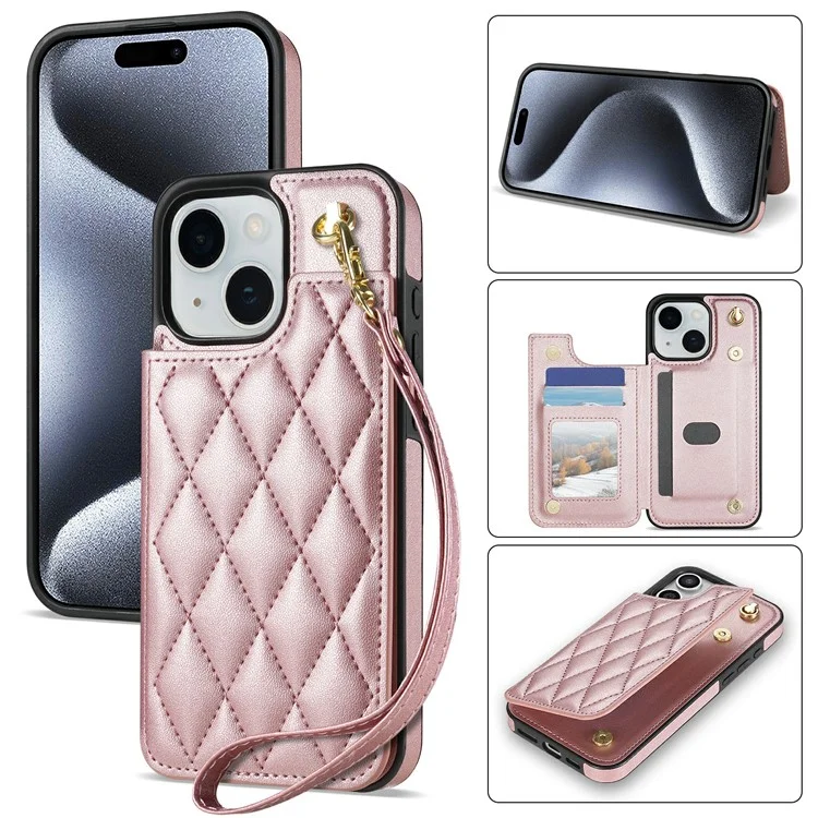 Custodia per iPhone 15 con cinturino da polso, slot per schede, pelle a rombi + copertura in TPU - Rosa oro